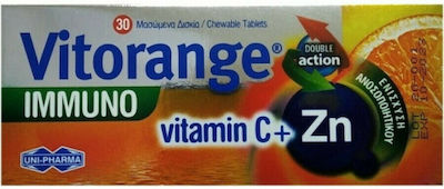 Uni-Pharma Vitorange Immuno Vitamin C + Zn Βιταμίνη για Ενέργεια & Ανοσοποιητικό Πορτοκάλι 30 μασώμενες ταμπλέτες - Image 1