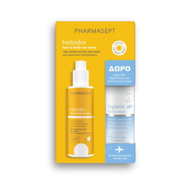 bc705d7043e98b7f9596a86158a89107.png Pharmasept Promo Pack Heliodor Face & Body Sun Spray SPF50 165ml & Δώρο Hygienic Shower Cream 100ml - Image 1