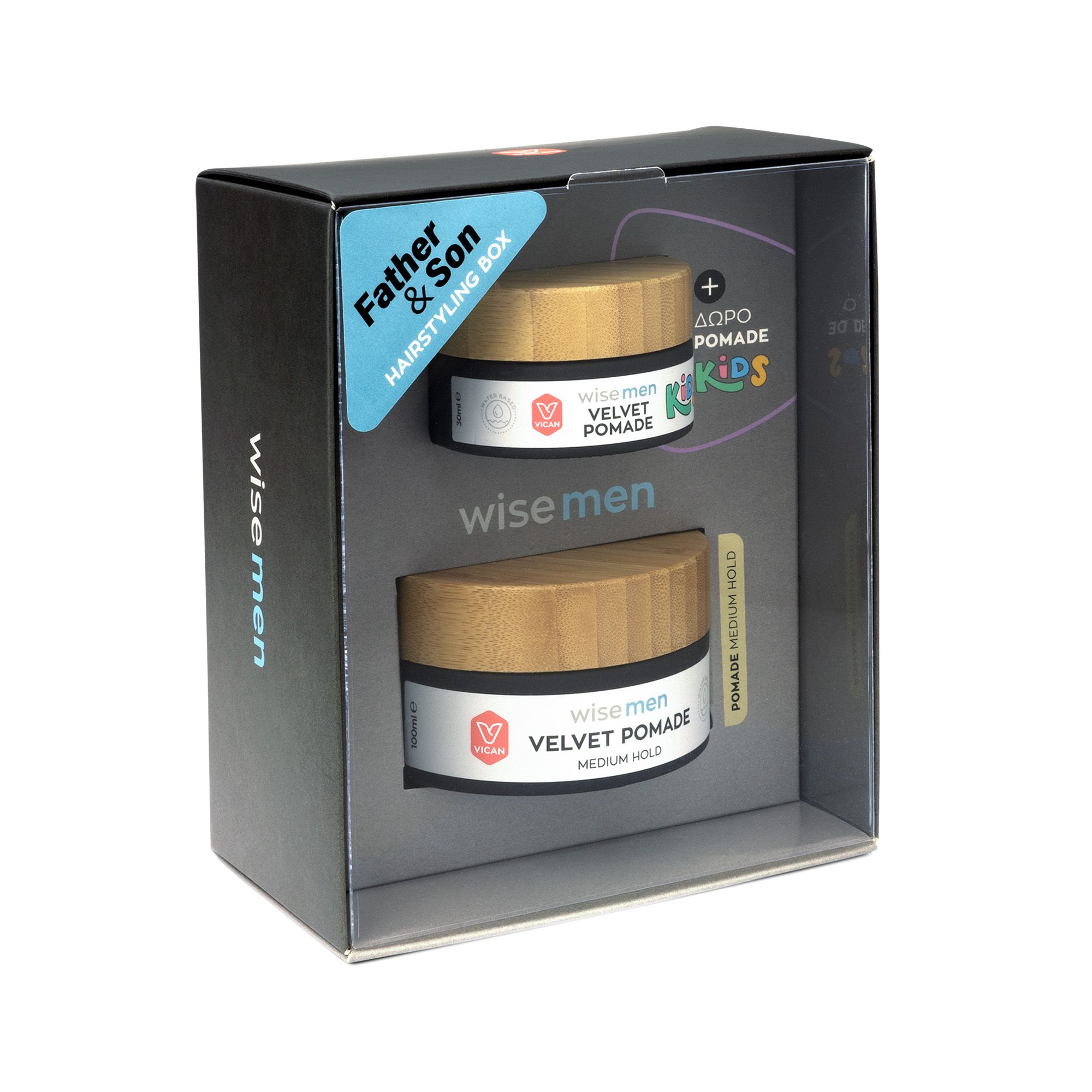 5204559007175_1_t20240405112000 Vican Wise Men Father & Son Hairstyling Box Promo Velvet Pomade Medium Hold Ανδρική Πομάδα, 100ml & Δώρο Kids Velvet Pomade Παιδική Πομάδα, 30ml, 1σετ - Image 1