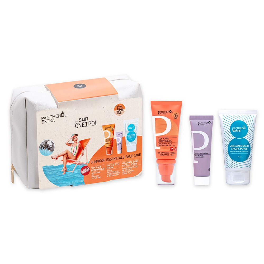 sunproof-essentials-face-care- Panthenol Extra Promo Αντηλιακό Gel Προσώπου Spf 50, 50ml & Αντιρυτιδική Κρέμα 20ml & Volcanic Sand Facial Scrub 75ml - Image 1